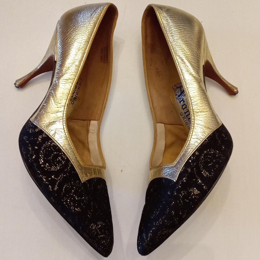 Aronesti Originals Metallic Gold Lame & Black Lace Stiletto Heels Pumps Shoes